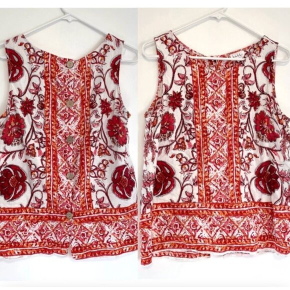 NICOLE MILLER White Red Orange Floral Border Print Button Back Linen Tank Blouse - Picture 1 of 13